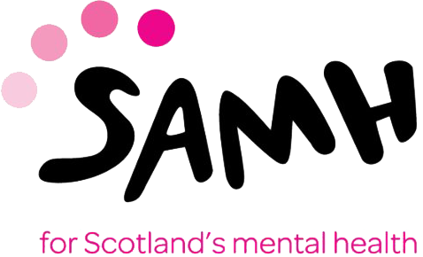SAMH Logo black text with 4 purple circles