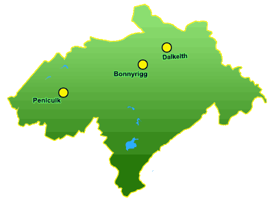 Map of Midlothian showing boundary and location of main towns