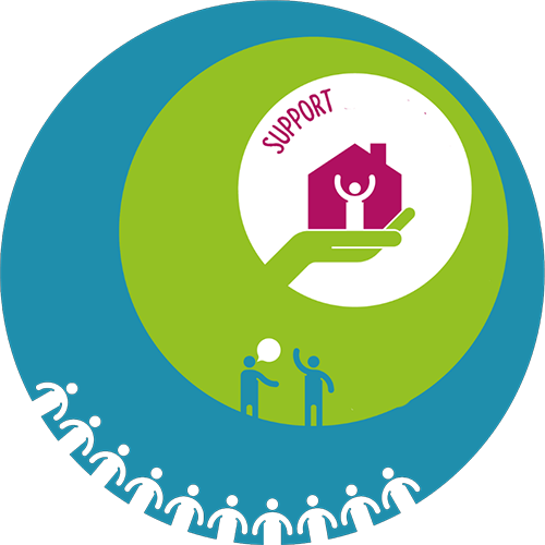 Image of a support logo with people holding hands and a house, reflecting Cyrenians' focus on person-centered care.