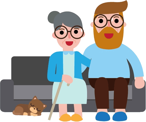An elderly couple sits together on a couch, sharing a moment while their dog lies contentedly at their feet.