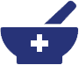 Blue mortar and pestle with a white cross to represent medical equipment.