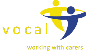 Vocal working with carers logo displayed using a vibrant blue and yellow support.
